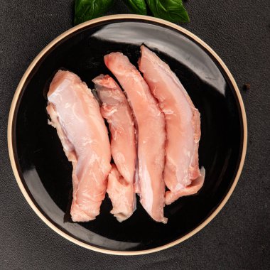 Tavşan çiğ et fileto taze lezzetli gurme yemek arka planı masa rustik gıda üst görünüm fotokopi alanı keto ve paleo diyet