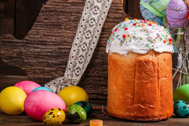 Paskalya pastası tatlı pasta geleneksel bayram hristiyanlığı organik ürün taze lezzetli gurme yemek arkaplanı masa kırsal gıdaların üst görünümü fotokopi alanı