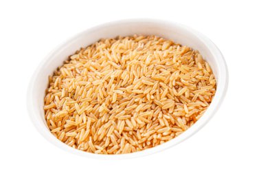 Kahverengi pirinç bütün tahıl ürünleri süper yiyecekler taze gurme yemek arkaplanı masa kırsal gıdalar üst görünüm fotokopi alanı