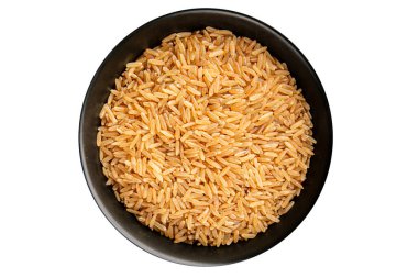 Kahverengi pirinç bütün tahıl ürünleri süper yiyecekler taze gurme yemek arkaplanı masa kırsal gıdalar üst görünüm fotokopi alanı