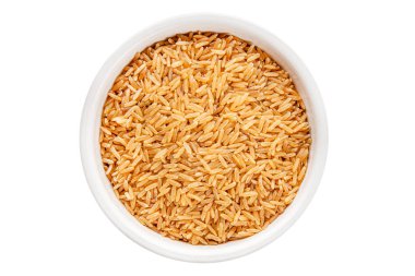 Kahverengi pirinç bütün tahıl ürünleri süper yiyecekler taze gurme yemek arkaplanı masa kırsal gıdalar üst görünüm fotokopi alanı