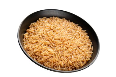 Kahverengi pirinç bütün tahıl ürünleri süper yiyecekler taze gurme yemek arkaplanı masa kırsal gıdalar üst görünüm fotokopi alanı