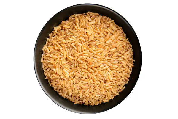 Kahverengi pirinç bütün tahıl ürünleri süper yiyecekler taze gurme yemek arkaplanı masa kırsal gıdalar üst görünüm fotokopi alanı