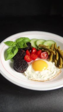 İngiliz kahvaltısı sahanda yumurta, kara puding, sebzeler, fasulye taze gurme yemek arkaplanı masanın kırsal kesiminde fotokopi alanı.