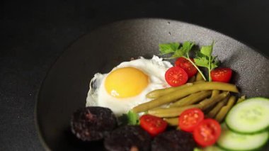 İngiliz kahvaltısı sahanda yumurta, kara puding, sebzeler, fasulye taze gurme yemek arkaplanı masanın kırsal kesiminde fotokopi alanı.