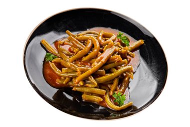 Yeşil fasulye sosu taze gurme yemek arka planı üzerinde rustik üst görünüm fotokopi uzay keto ve paleo diyet vejetaryen ve vejetaryen gıda