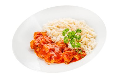 Tavuklu körili pilav tavuk tikka masala baharatlı et kasesi masaya taze lezzetli gurme yemek arka planı kırsal yemek üst görünüm fotokopi alanı