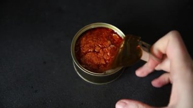 Ton balığı soslu balık konservesi taze lezzetli gurme yemek arkaplanı masanın üstünde rustik gıda fotokopi alanı keto ve paleo diyet vejetaryen diyeti.