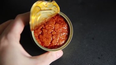 Ton balığı soslu balık konservesi taze lezzetli gurme yemek arkaplanı masanın üstünde rustik gıda fotokopi alanı keto ve paleo diyet vejetaryen diyeti.