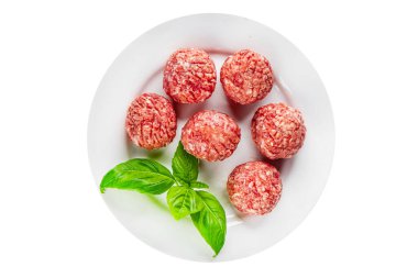 Köfteler çiğ domuz eti, sığır eti, tavuk taze lezzetli gurme yemek arka planı masa rustik gıda üst görünüm fotokopi alanı