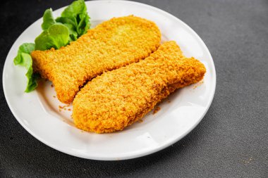 Balık kroketleri şekillendirilmiş balık nuggetları fast food taze lezzetli gurme yemek arkaplanı masa kırsal yiyeceklerin üst görünümü fotokopi alanı
