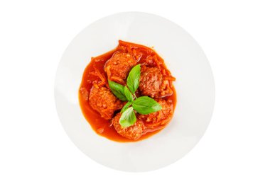 Köfte soslu biftek, domuz eti ya da tavuk eti masadaki leziz gurme yemek arkaplanı kırsal yemek üst görünüm fotokopi alanı keto ve paleo diyeti.