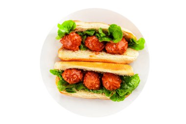 Köfteli sandviç fast food et yemeği taze lezzetli gurme yemek arka planı masa rustik yemek üst görünüm fotokopi alanı