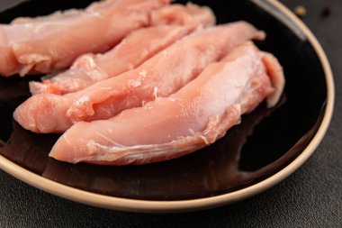 Tavşan çiğ et fileto taze lezzetli gurme yemek arka planı masa rustik gıda üst görünüm fotokopi alanı keto ve paleo diyet