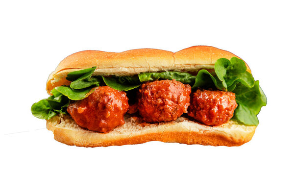 Meatball sandwich fast food meat dish fresh delicious gourmet food background on the table rustic food top view copy space