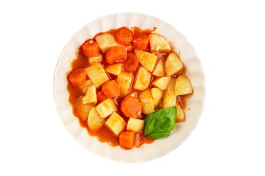 Havuçlu haşlanmış patates. Vejetaryen mezesi. Lezzetli gurme. Yemek arkaplanı.