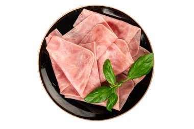 Jambon eti dilimler domuz eti taze lezzetli gurme yemek arkaplanı masa üzerinde rustik gıda üst görünüm fotokopi alanı