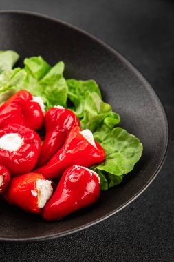 Acı biber peyniri turşuyu sebze turşusu aperatifi taze lezzetli gurme vejetaryen arkaplan masa üzerinde kırsal yemek üst görünüm fotokopi alanı keto ve paleo diyeti