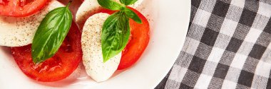 Caprese salatası mozzarella ve domates, fesleğen taze lezzetli gurme yemek arkaplan masa üzerinde rustik gıda üst görünüm fotokopi alanı keto ve paleo diyet vegan ve vegan gıda