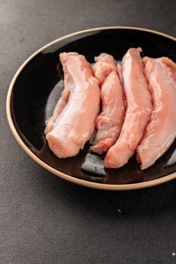 Tavşan çiğ et fileto taze lezzetli gurme yemek arka planı masa rustik gıda üst görünüm fotokopi alanı keto ve paleo diyet