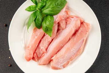 Tavşan çiğ et fileto taze lezzetli gurme yemek arka planı masa rustik gıda üst görünüm fotokopi alanı keto ve paleo diyet