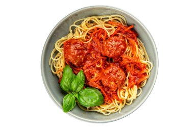 Spagetti köfteleri domates sosu İtalyan tarifi lezzetli gurme yemek arkaplanı masa kırsal yiyeceklerin üst görüntüsü fotokopi alanı