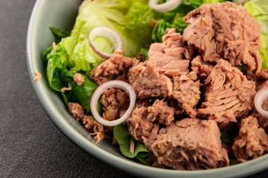 Ton balığı salatası yeşil marul, konserve ton balığı, domates taze lezzetli gurme yemek arkaplanı masanın üstünde rustik yemekler fotokopi alanı keto ve paleo diyet vejetaryen diyeti.