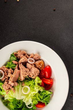 Ton balığı salatası yeşil marul, konserve ton balığı, domates taze lezzetli gurme yemek arkaplanı masanın üstünde rustik yemekler fotokopi alanı keto ve paleo diyet vejetaryen diyeti.