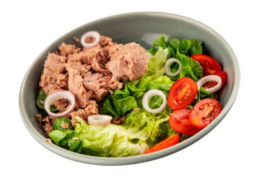 Ton balığı salatası yeşil marul, konserve ton balığı, domates taze lezzetli gurme yemek arkaplanı masanın üstünde rustik yemekler fotokopi alanı keto ve paleo diyet vejetaryen diyeti.