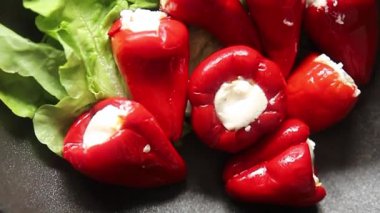 Biber turşusu, peynir, sebze aperatifi taze lezzetli gurme, vejetaryen arka plan masa, kırsal yemek, fotokopi alanı, keto ve paleo diyeti.