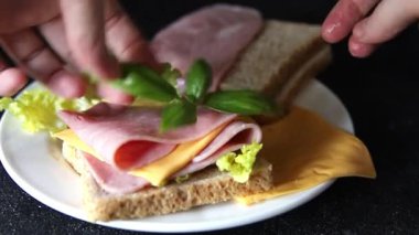 Sandviç, peynir, ekmek tostu, konserve jambon masadaki lezzetli gurme yemek arkaplanı kırsal yemek üst görünüm fotokopi alanı.