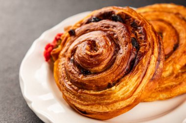 Kuru üzümlü çörek tatlı puf börek taze lezzetli gurme yemek arkaplanı masa kırsal yiyeceklerin üst görünümü fotokopi alanı