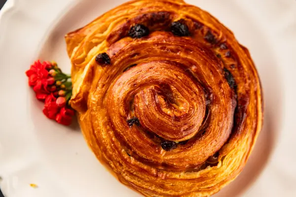 Kuru üzümlü çörek tatlı puf börek taze lezzetli gurme yemek arkaplanı masa kırsal yiyeceklerin üst görünümü fotokopi alanı