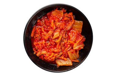 Kimçi salatalı lahana turşusu baharatlı baharatlı sebzeler lezzetli gurme yemek arkaplanı masanın üstünde rustik yiyecekler fotokopi alanı vejetaryen ve vejetaryen yemekleri.