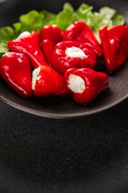 Acı biber peyniri turşuyu sebze turşusu aperatifi taze lezzetli gurme vejetaryen arkaplan masa üzerinde kırsal yemek üst görünüm fotokopi alanı keto ve paleo diyeti