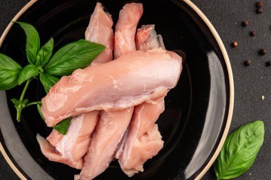 Tavşan çiğ et fileto taze lezzetli gurme yemek arka planı masa rustik gıda üst görünüm fotokopi alanı keto ve paleo diyet