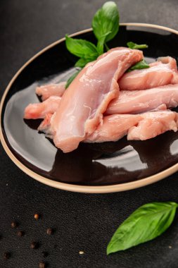 Tavşan çiğ et fileto taze lezzetli gurme yemek arka planı masa rustik gıda üst görünüm fotokopi alanı keto ve paleo diyet