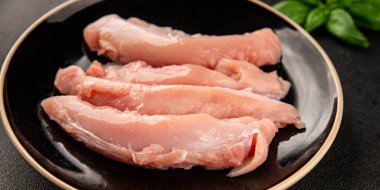 Tavşan çiğ et fileto taze lezzetli gurme yemek arka planı masa rustik gıda üst görünüm fotokopi alanı keto ve paleo diyet