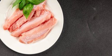 Tavşan çiğ et fileto taze lezzetli gurme yemek arka planı masa rustik gıda üst görünüm fotokopi alanı keto ve paleo diyet