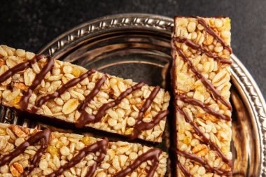 Mısır gevreği, tahıl, tahıl, tatlı tatlı, lezzetli gurme yemek, arka plan, masa, rustik yemek, fotokopi, uzay keto, paleo diyet vegan ve vejetaryen yiyecekler.