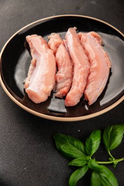 Tavşan çiğ et fileto taze lezzetli gurme yemek arka planı masa rustik gıda üst görünüm fotokopi alanı keto ve paleo diyet