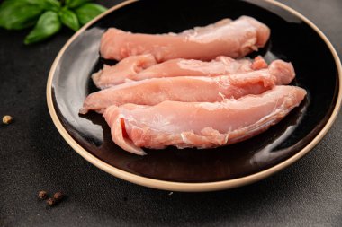 Tavşan çiğ et fileto taze lezzetli gurme yemek arka planı masa rustik gıda üst görünüm fotokopi alanı keto ve paleo diyet