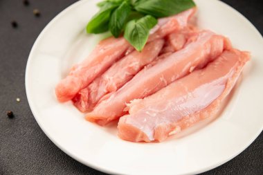 Tavşan çiğ et fileto taze lezzetli gurme yemek arka planı masa rustik gıda üst görünüm fotokopi alanı keto ve paleo diyet