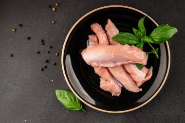 Tavşan çiğ et fileto taze lezzetli gurme yemek arka planı masa rustik gıda üst görünüm fotokopi alanı keto ve paleo diyet