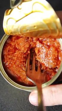 Ton balığı soslu balık konservesi taze lezzetli gurme yemek arkaplanı masanın üstünde rustik gıda fotokopi alanı keto ve paleo diyet vejetaryen diyeti.