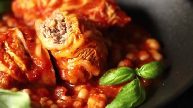 Doldurulmuş lahana sosu, fasulye eti, lahana, taze lezzetli gurme yemek arkaplanı kırsal yiyecekler, fotokopi alanı.