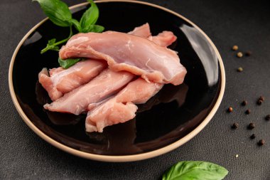 Tavşan çiğ et fileto taze lezzetli gurme yemek arka planı masa rustik gıda üst görünüm fotokopi alanı keto ve paleo diyet