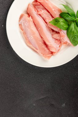 Tavşan çiğ et fileto taze lezzetli gurme yemek arka planı masa rustik gıda üst görünüm fotokopi alanı keto ve paleo diyet