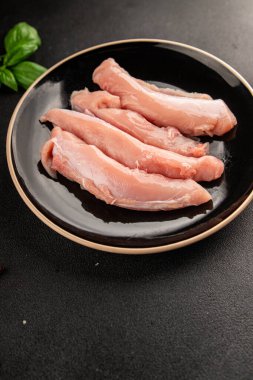 Tavşan çiğ et fileto taze lezzetli gurme yemek arka planı masa rustik gıda üst görünüm fotokopi alanı keto ve paleo diyet