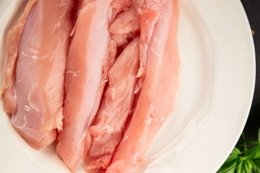 Tavşan çiğ et fileto taze lezzetli gurme yemek arka planı masa rustik gıda üst görünüm fotokopi alanı keto ve paleo diyet